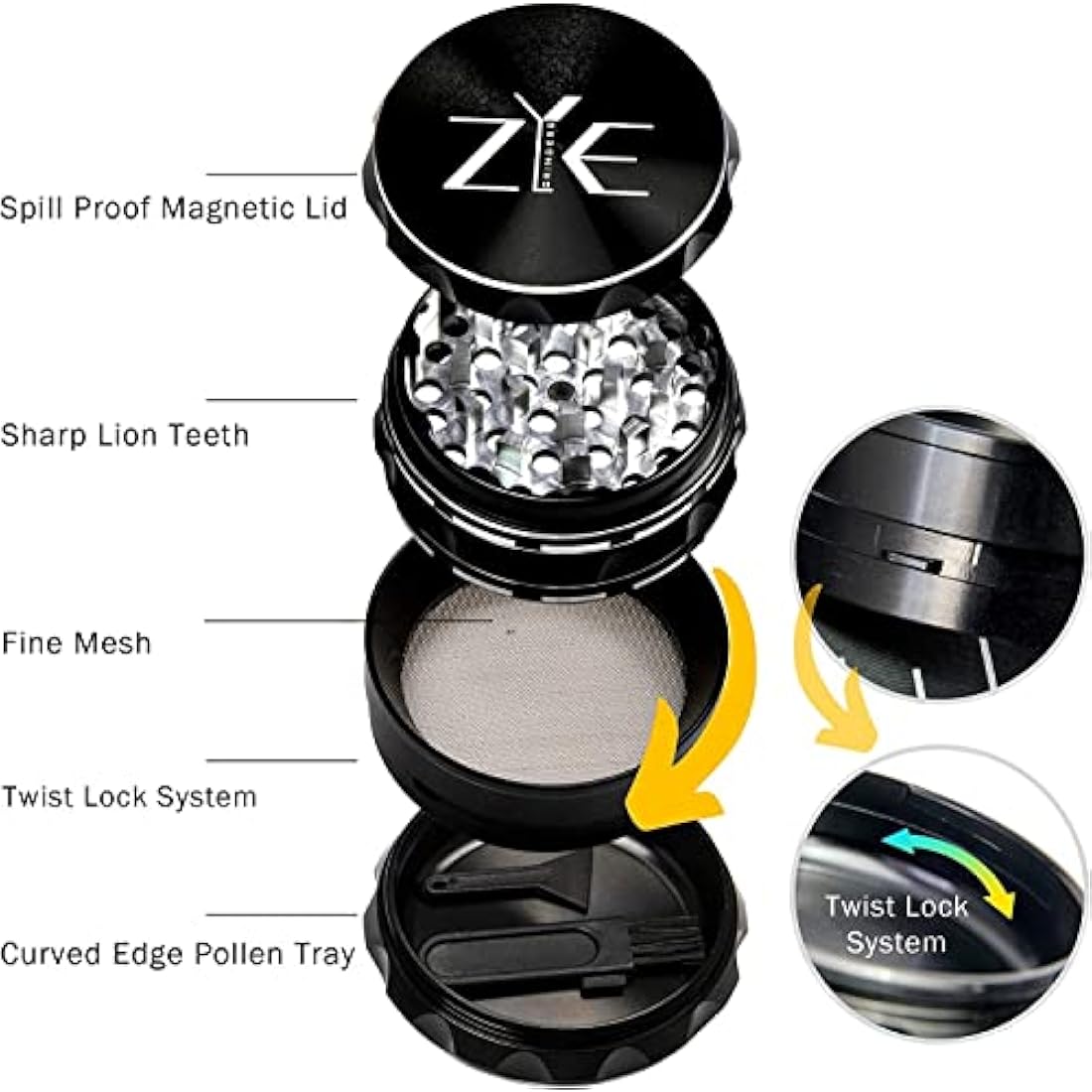 ZYE Herb Grinder – 2.5 Inch 4-Piece Aluminium Mill with Storage - Silver