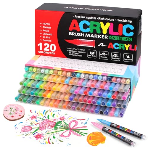 Gunsamg 120 Colors Acrylic Paint Marker Set | 1-5mm Flexible Brush Tip