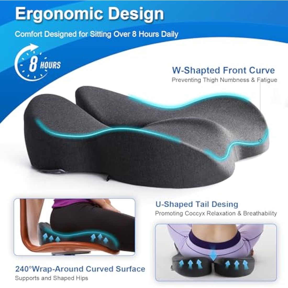 SKYNY Memory Foam Seat Cushion – Ergonomic Office Chair Pad for Tailbone Pain