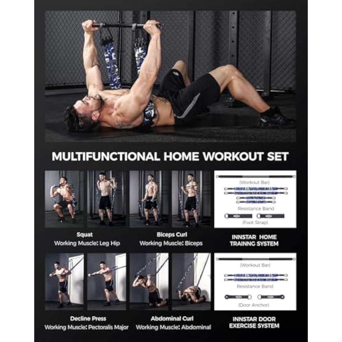 INNSTAR Portable Home Gym Set | Resistance Band Bench Press Kit
