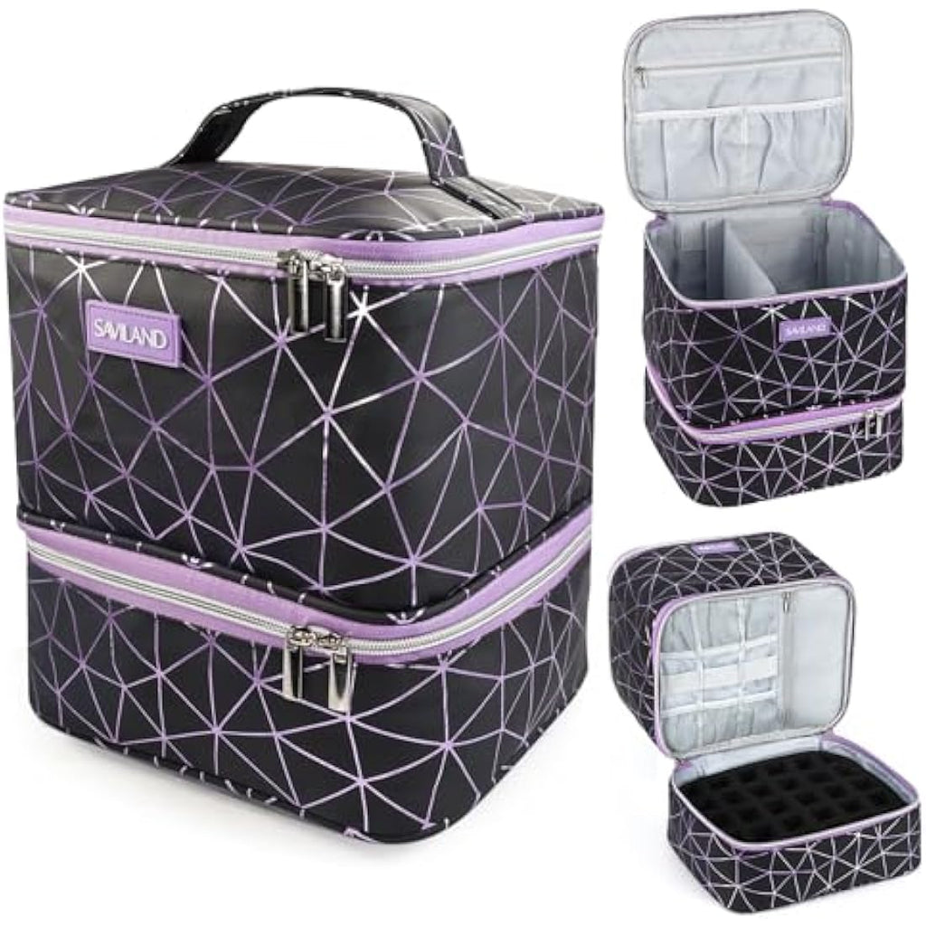 Saviland Nail Polish Organizer Bag - PU Leather Case for 30 Bottles & Lamp