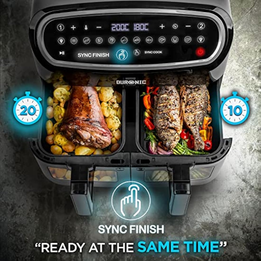 Duronic AF34 Triple Drawer 10L Digital Air Fryer | Dual Zone Visual Window