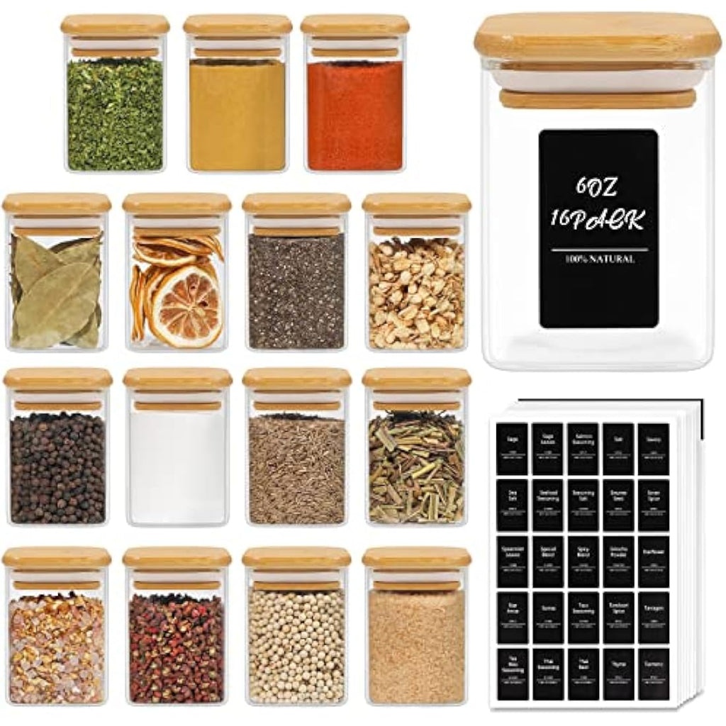 ComSaf 16 Pcs Glass Spice Jars with Bamboo Lids - 6oz Square Containers