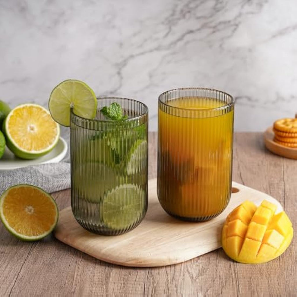 TKNO Ribbed Highball Glasses - 410ml Origami Style Fluted Tumblers, Set of 6