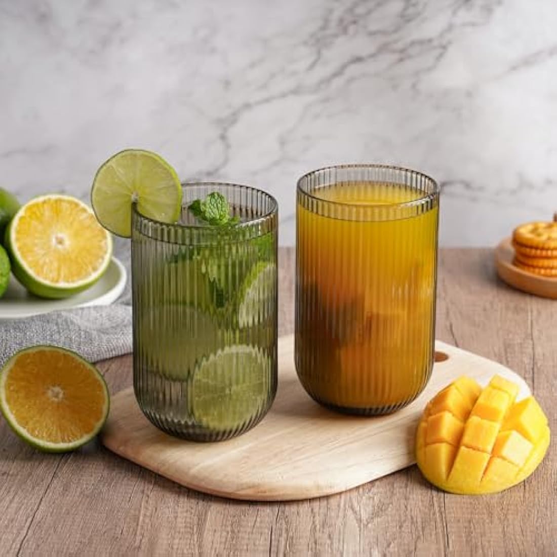 TKNO Ribbed Highball Glasses - 410ml Origami Style Fluted Tumblers, Set of 6