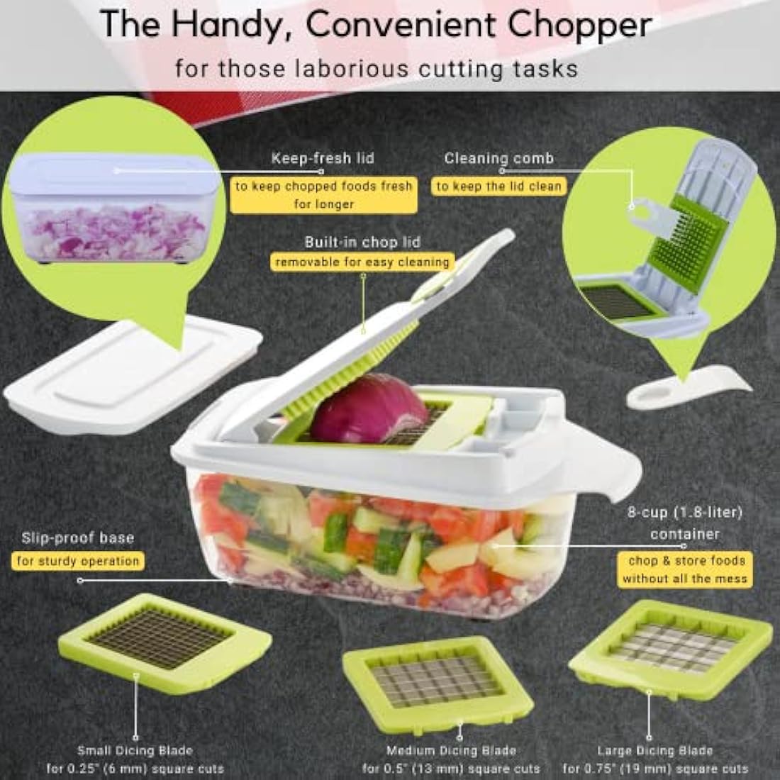 Brieftons QuickPush Food Chopper | 1.8L Vegetable Dicer with 3 Blades