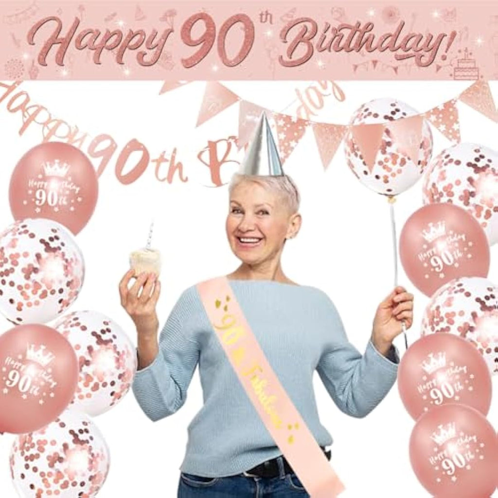 DEARLIVES 90th Birthday Decorations – 14pc Rose Gold Party Supplies Kit