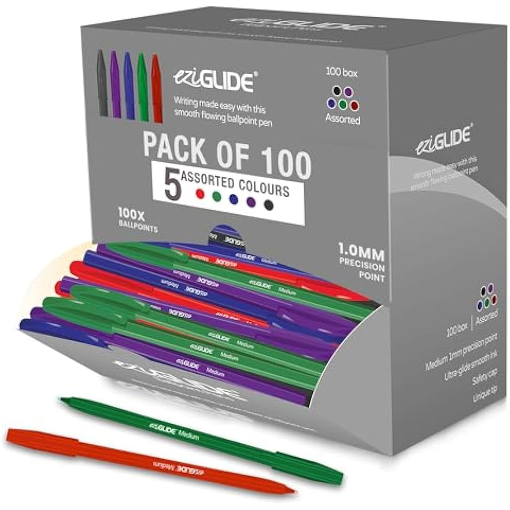 Eziglide Ballpoint Pens | 100-Pack Assorted Colours | 1.0mm Medium Nib