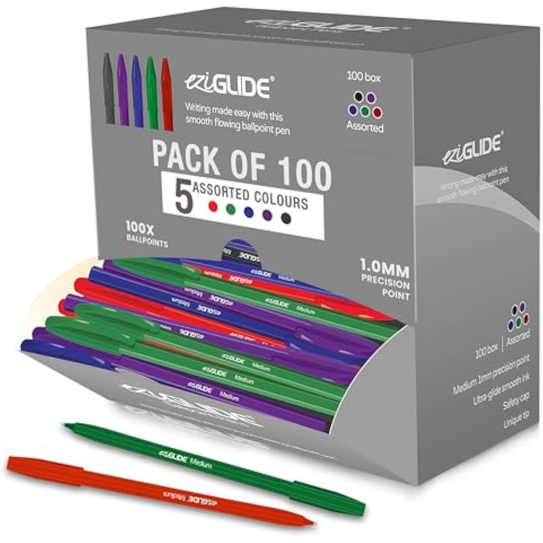 Eziglide Ballpoint Pens | 100-Pack Assorted Colours | 1.0mm Medium Nib