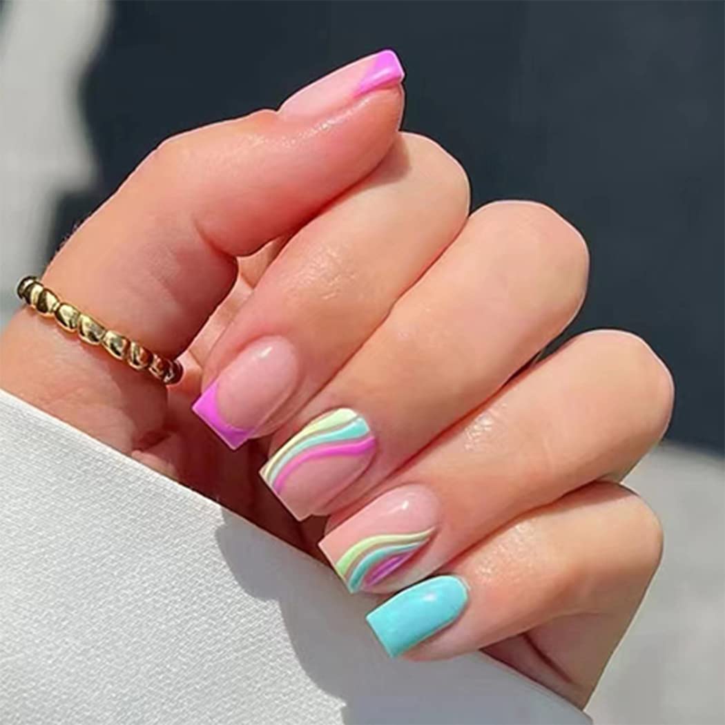 Sethexy Short Squoval Press on Nails – 24Pcs Colorful Swirl Acrylic Nails