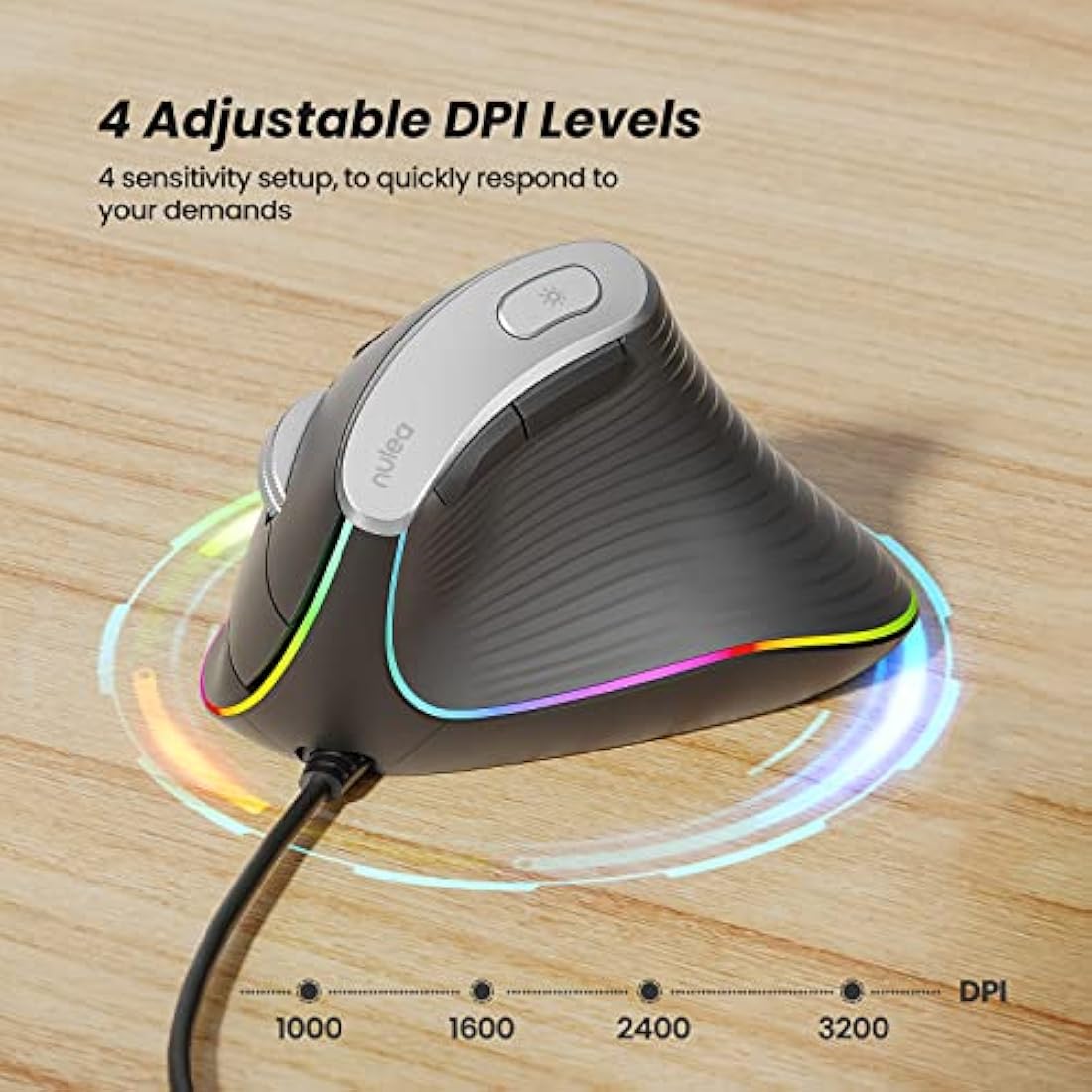 Nulea Wired Vertical Ergonomic Mouse – 3200 DPI & 11 RGB Modes, Grey