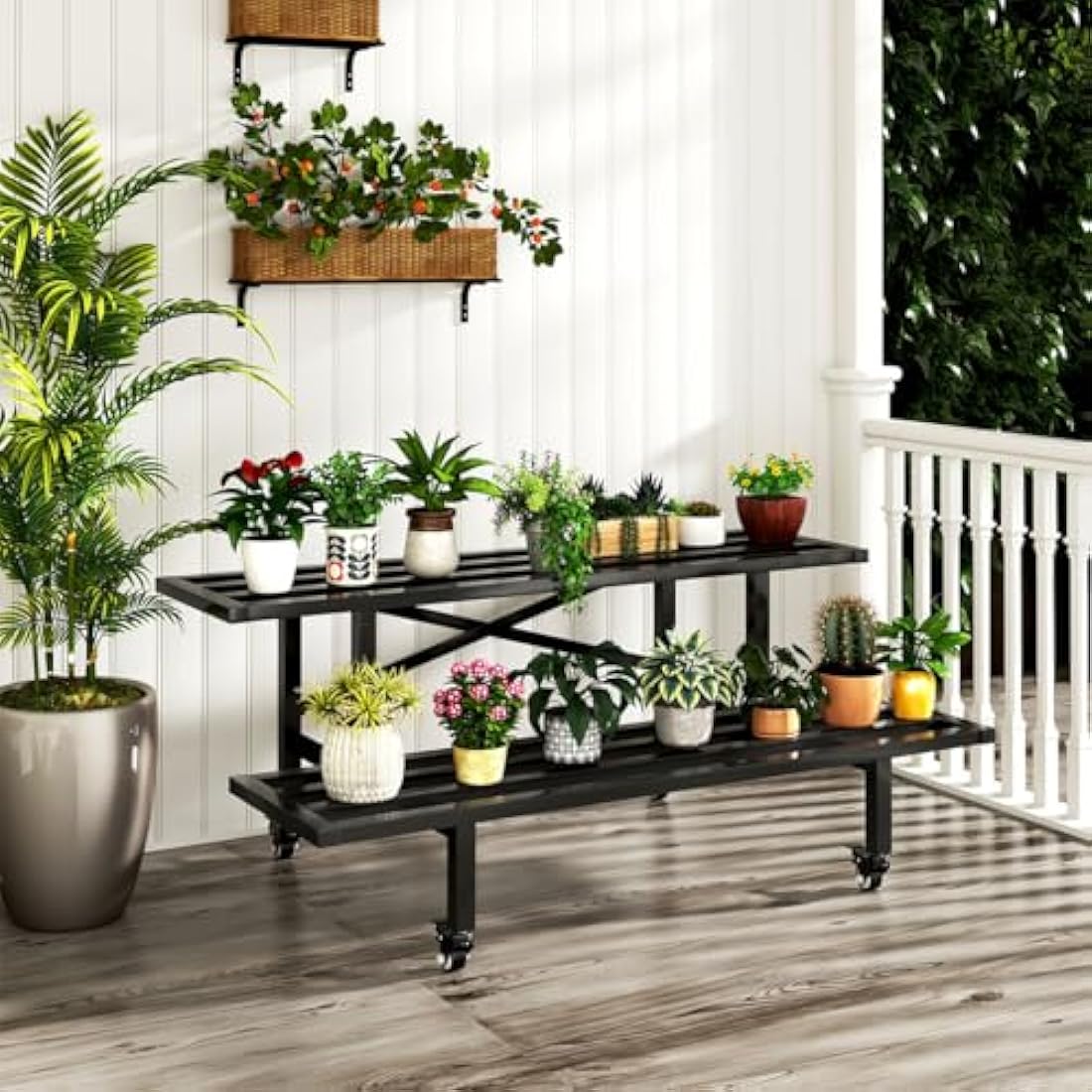 CStern 2-Tier Metal Plant Stand with Wheels – Heavy Duty Flower Shelf