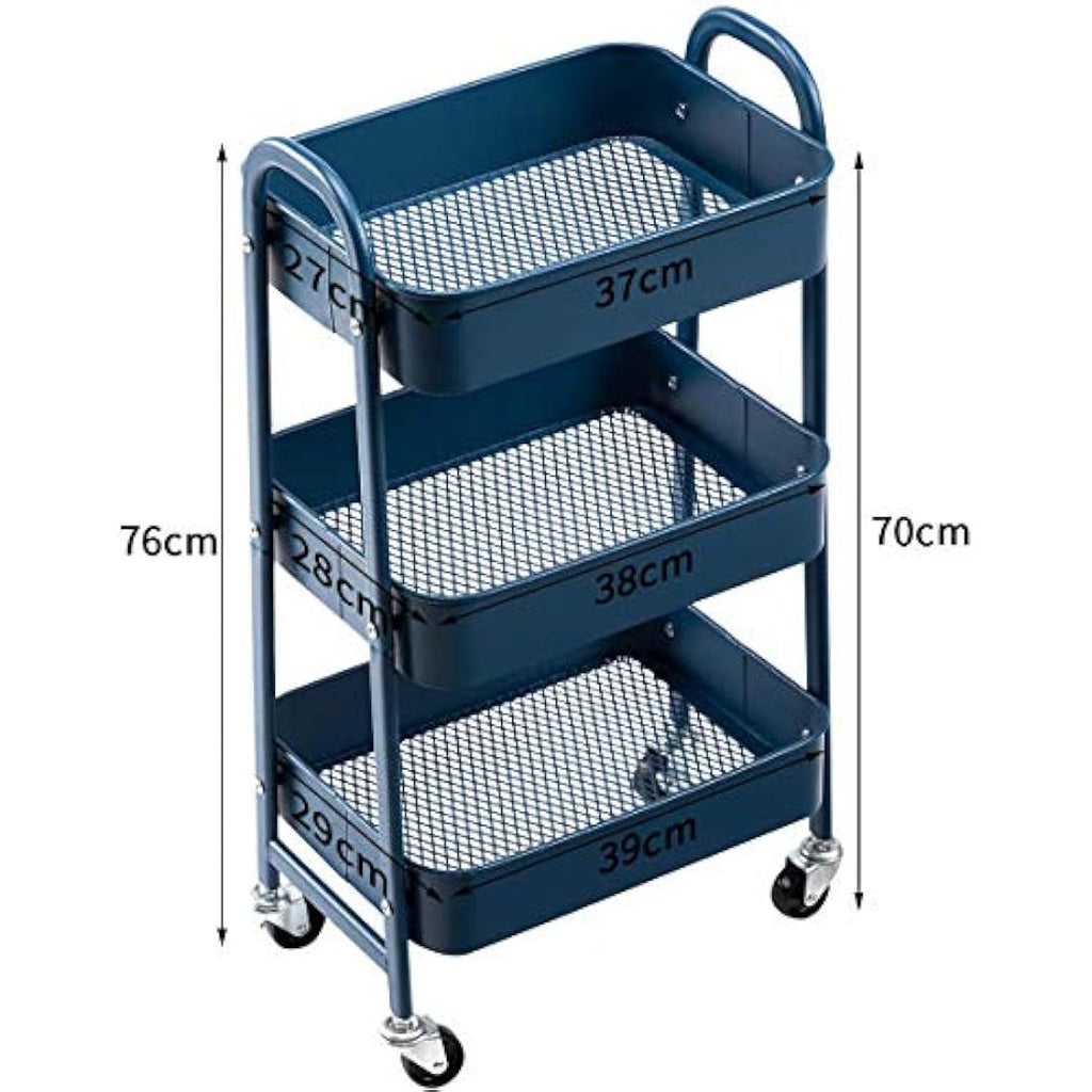 DOEWORKS 3-Tier Metal Rolling Utility Cart – Navy Blue Storage Trolley