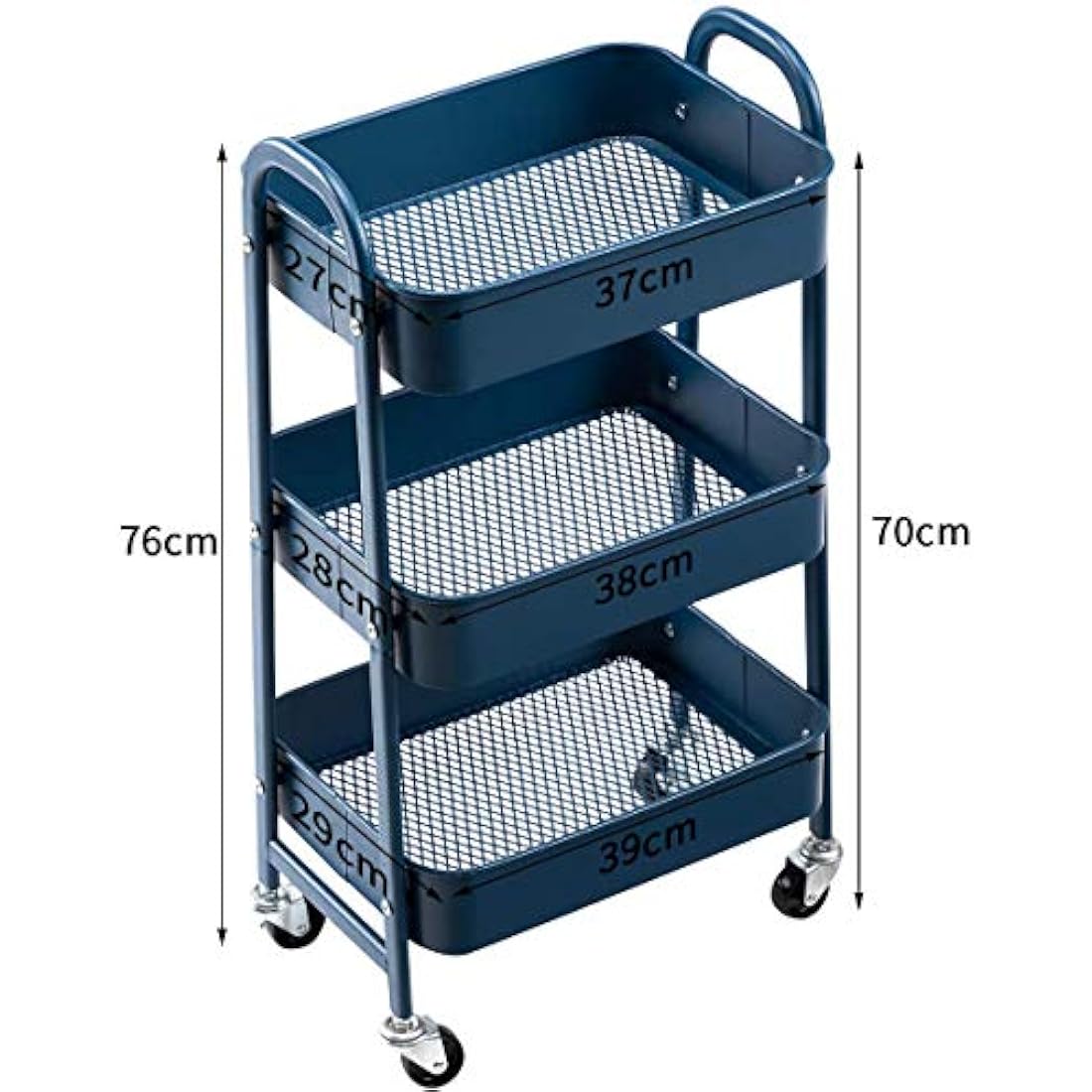 DOEWORKS 3-Tier Metal Rolling Utility Cart – Navy Blue Storage Trolley