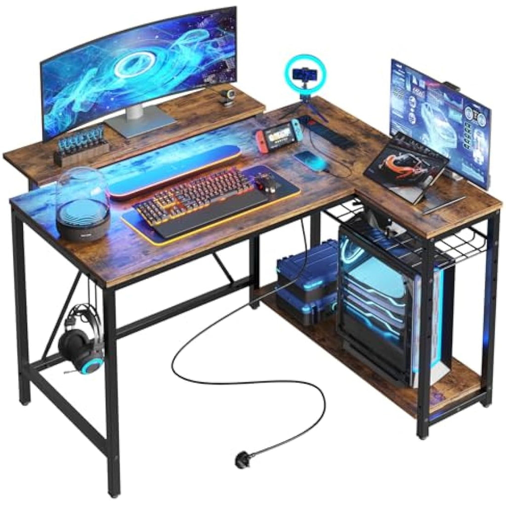 Bestier L-Shaped Gaming Desk with LED Lights and Power Outlets