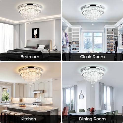 RHEAFON Modern Crystal Chandelier | Dimmable LED Flush Mount Ceiling Light