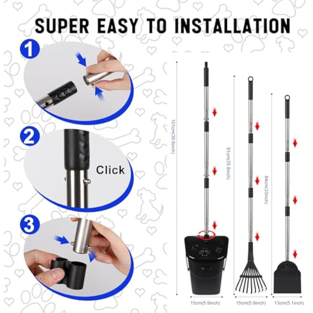 Dog Poop Scooper – Long Handle Swivel Bin, Rake & Spade Set