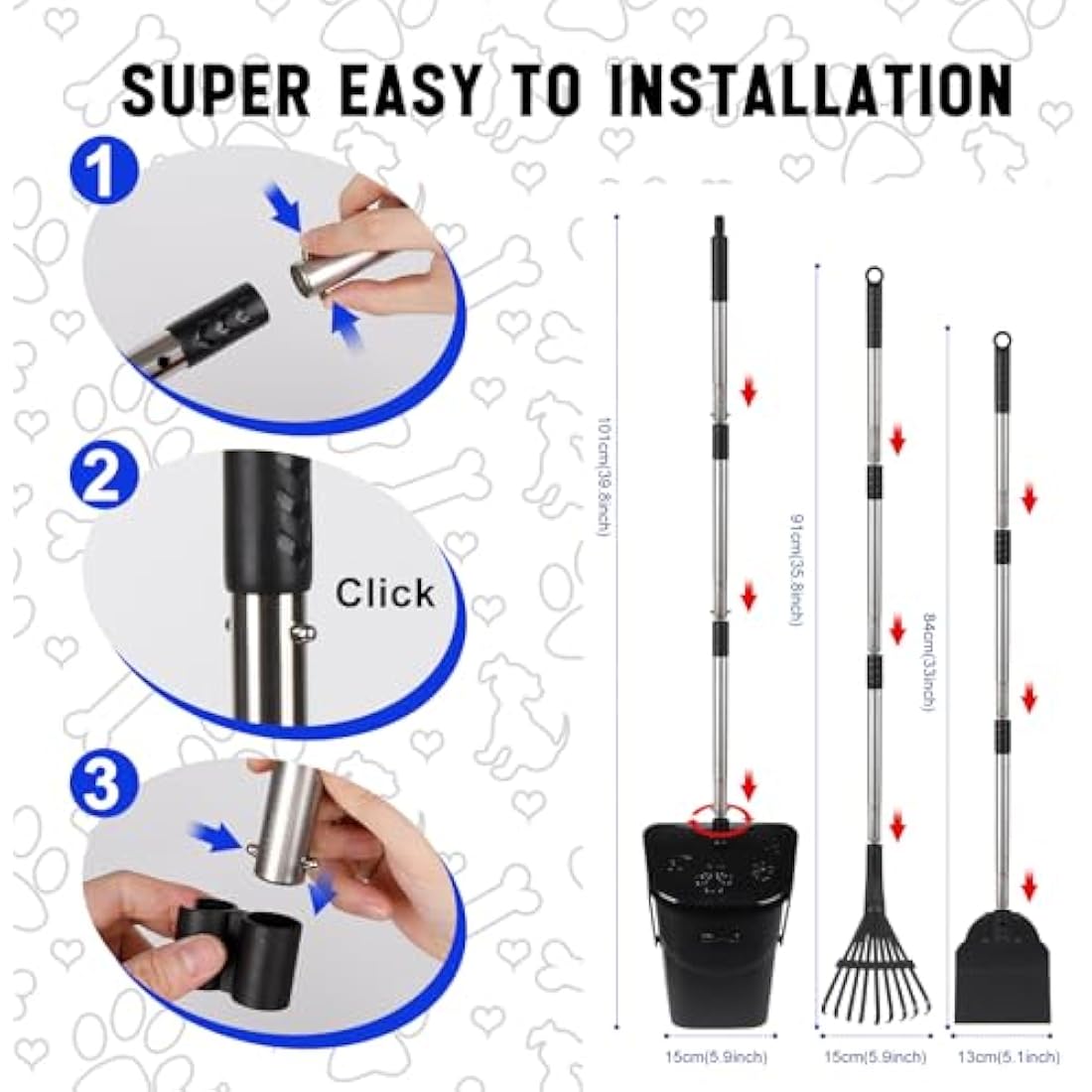 Dog Poop Scooper – Long Handle Swivel Bin, Rake & Spade Set