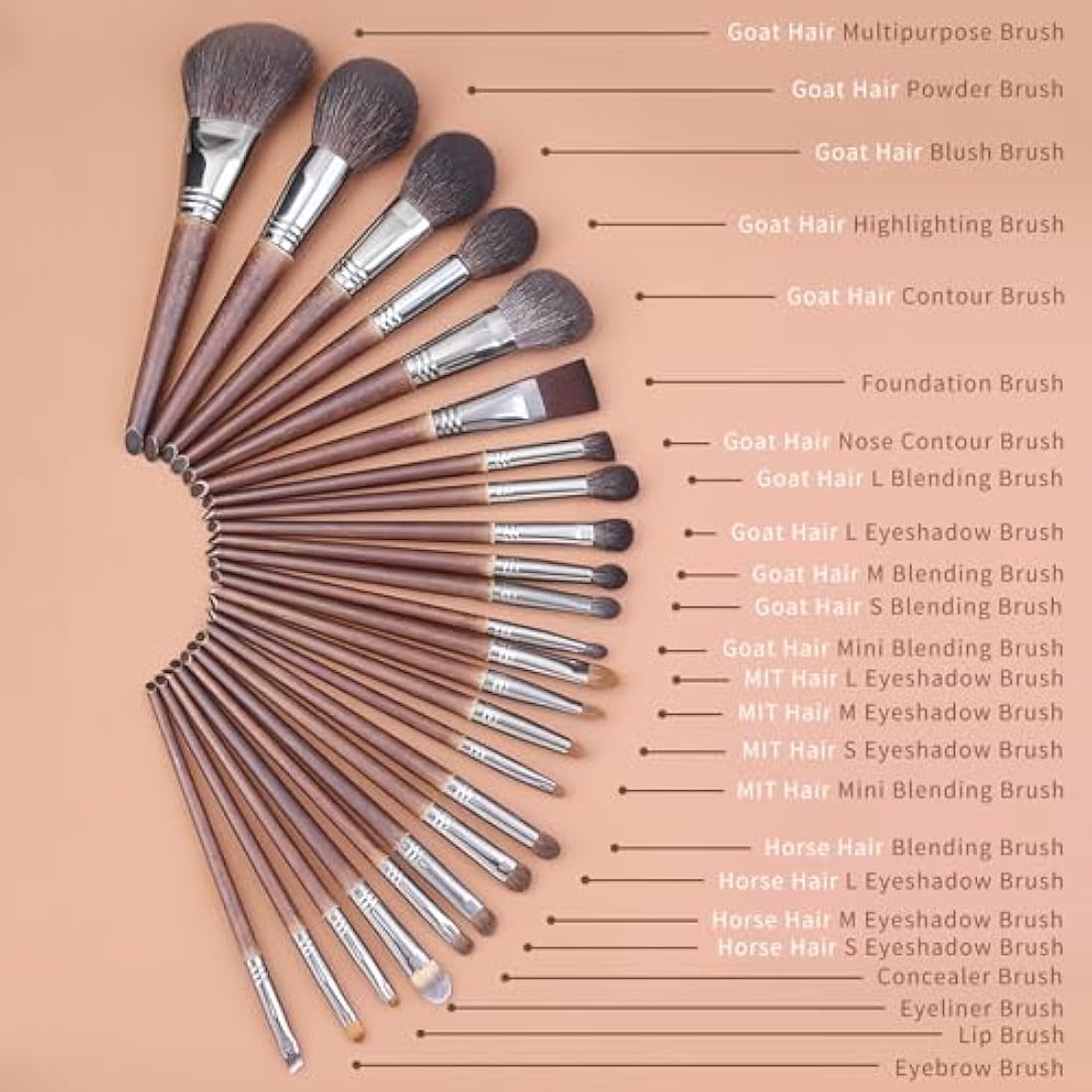 ENZO KEN 24pc Natural Goat Hair Makeup Brush Set with Walnut Handles & Case