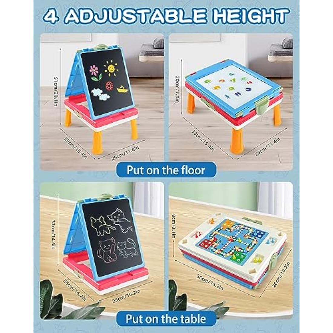 Elovien 4-in-1 Kids Art Easel | Foldable Magnetic Tabletop Board - Blue