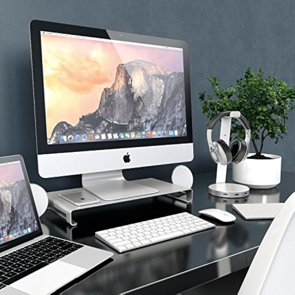 Desire2 Aluminium Monitor Stand Riser – Silver Desk Shelf for iMac & Laptop
