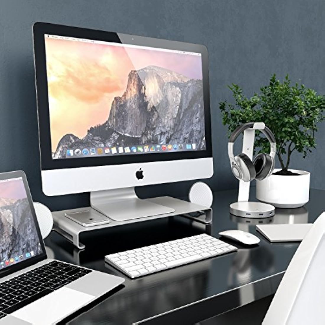 Desire2 Aluminium Monitor Stand Riser – Silver Desk Shelf for iMac & Laptop