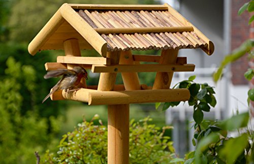 dobar FSC Wooden Bird Feeder with Stand – Reed Roof Weatherproof Villa