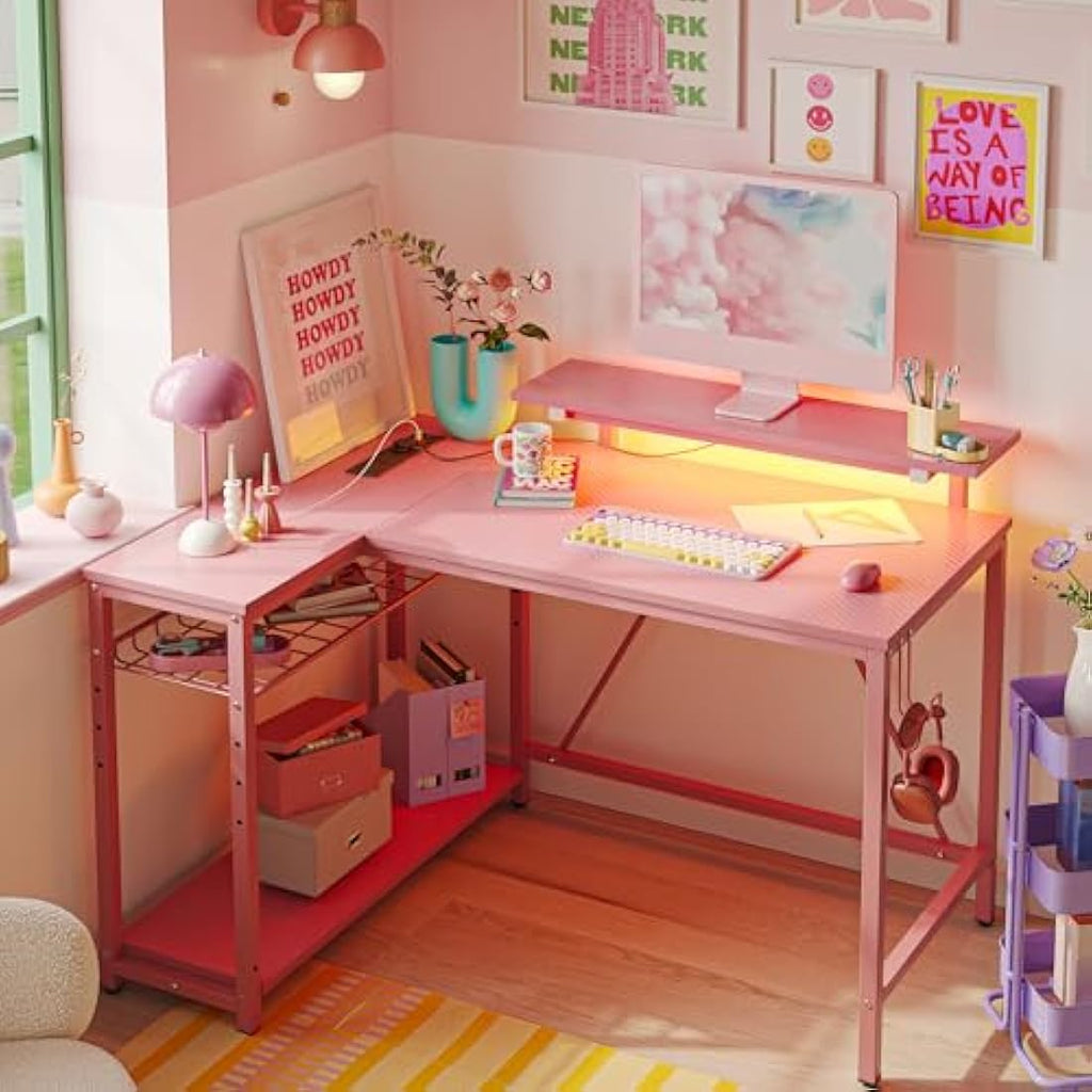 Bestier Pink L-Shaped Gaming Desk with LED Lights and Power Outlets