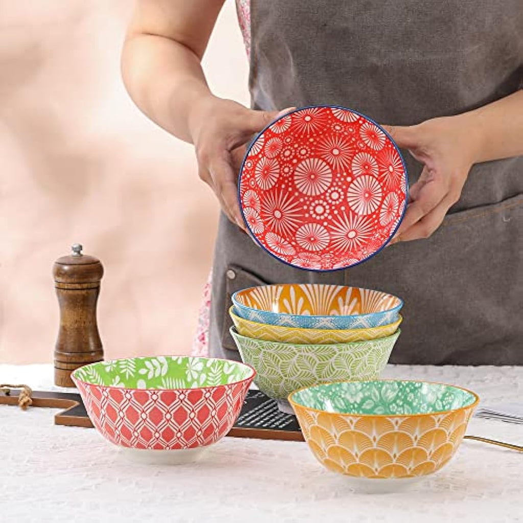 AHX Ceramic Cereal Bowls Set of 6 – 23oz Colorful Geometric Soup Bowls