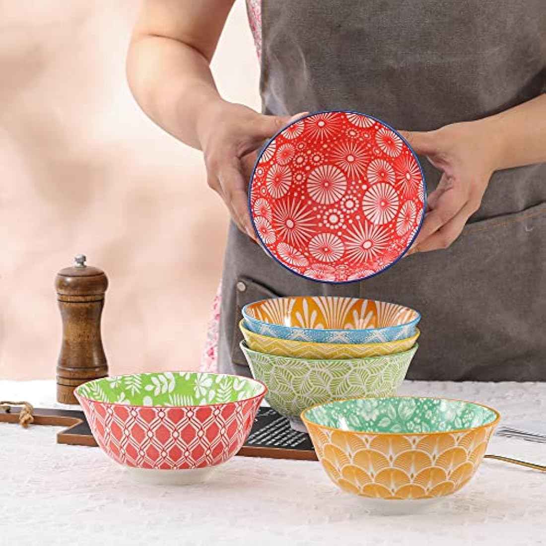 AHX Ceramic Cereal Bowls Set of 6 – 23oz Colorful Geometric Soup Bowls