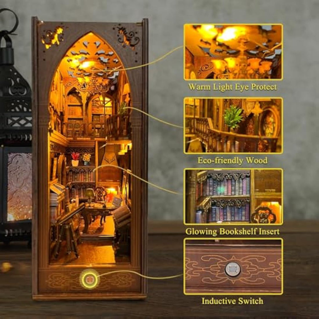 CRIOLPO Library Book Nook Kit – DIY 3D Wooden Puzzle with Sensor LED Light