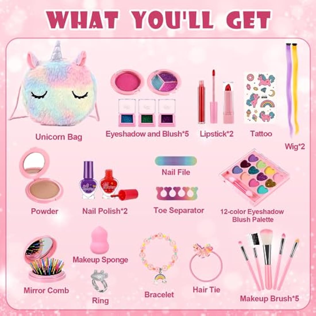 Anpro Kids Makeup Kit for Girls - 68Pcs Washable Pretend Play Set