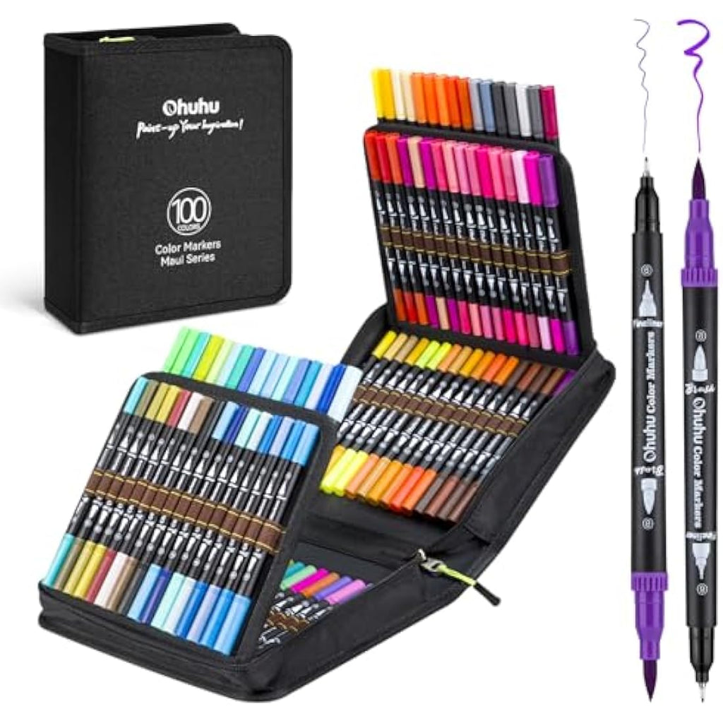 Ohuhu Dual Tip Brush Pens - 100 Colours Art Markers with Carrying Bag