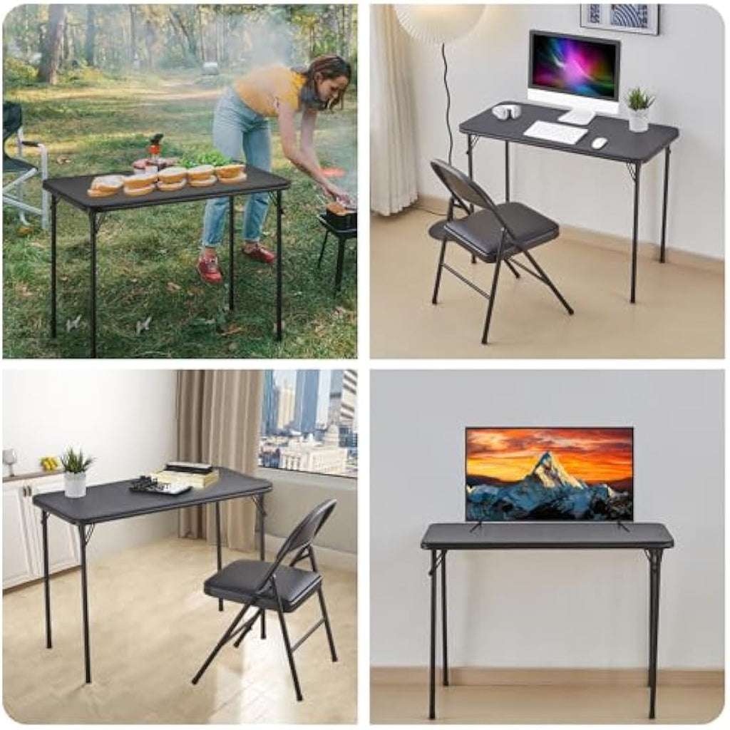 Folding Desk and Chair Set | Portable Black Steel Table