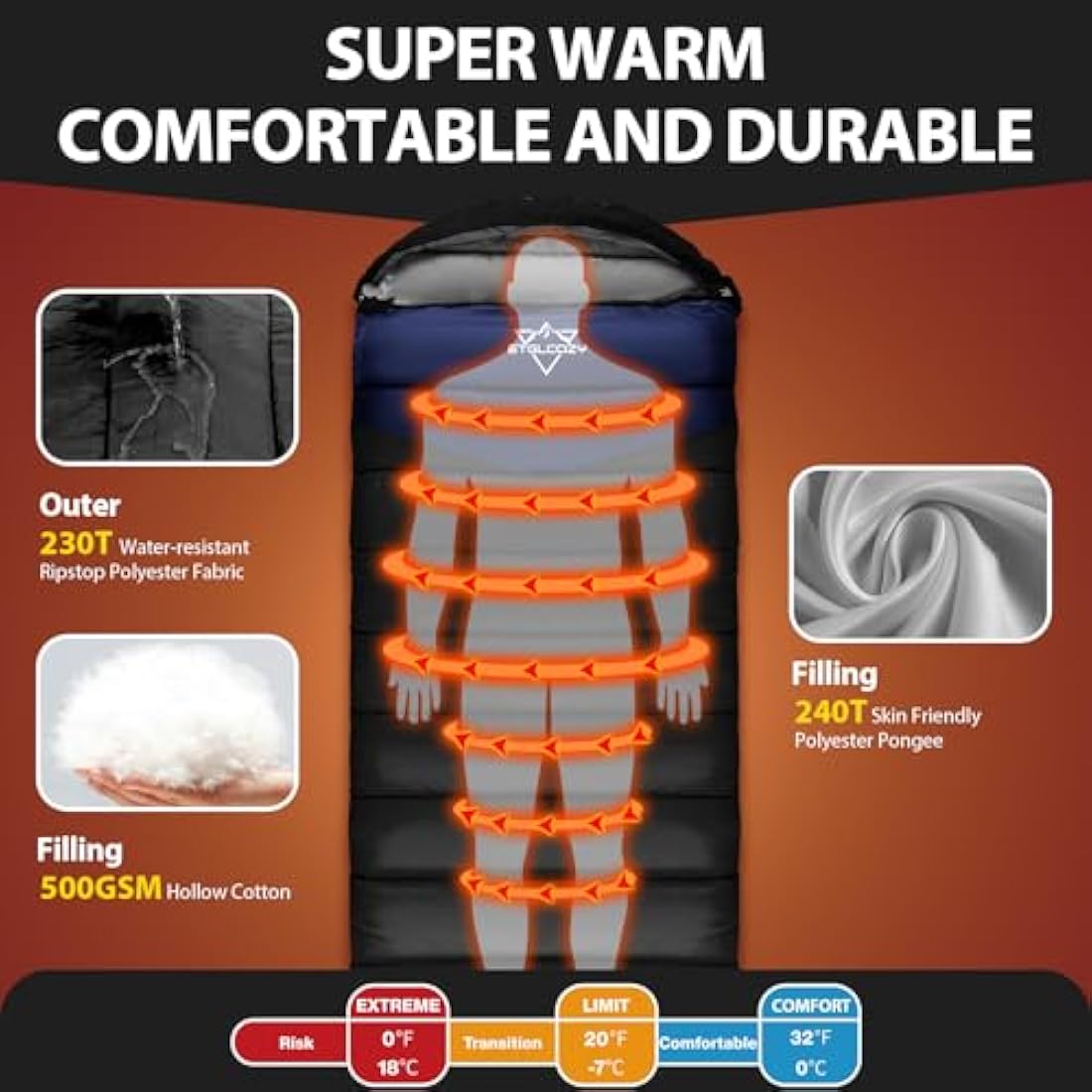 ETGLCOZY XL Sleeping Bag – 4 Season Cold Weather Camping with Compression Sack
