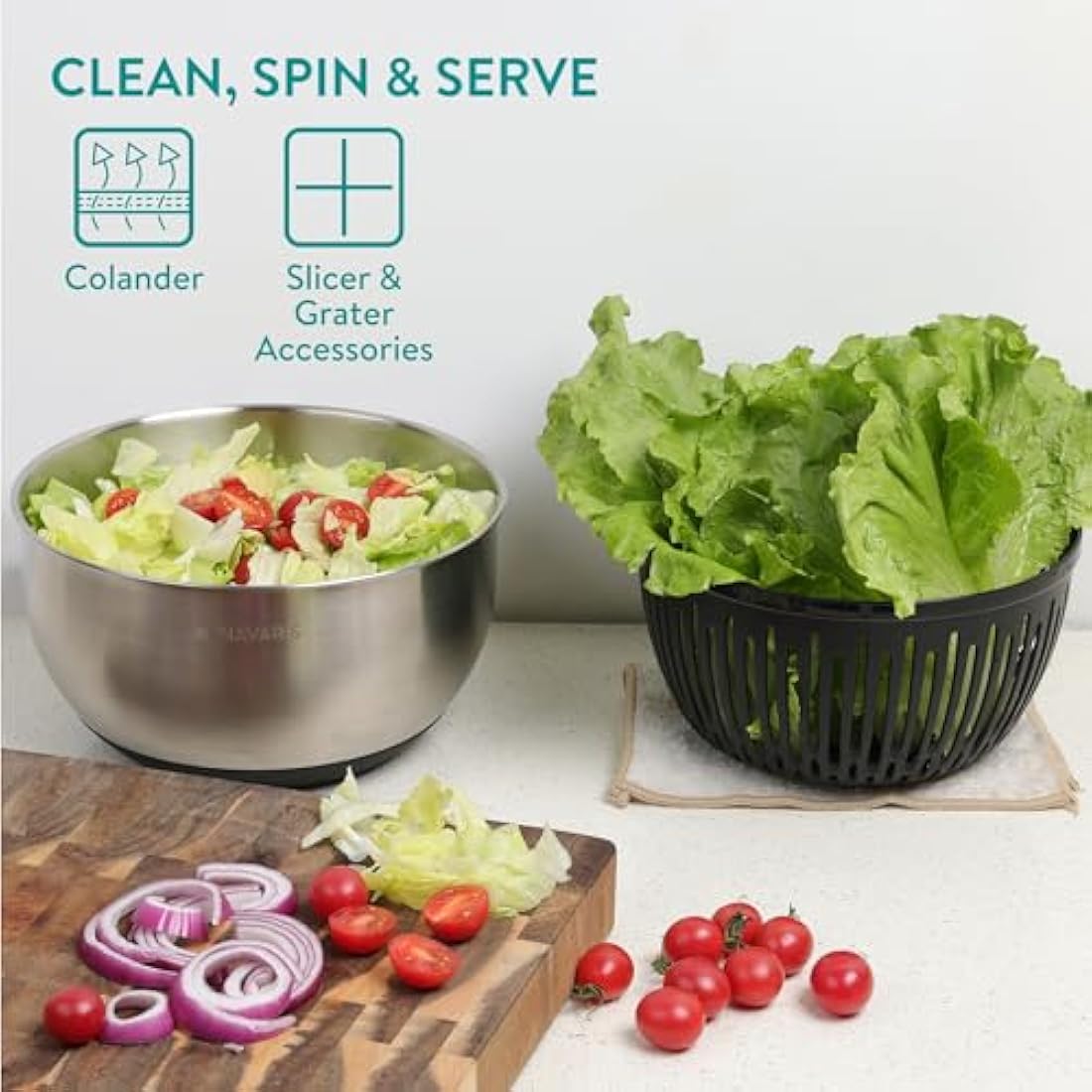 Navaris Stainless Steel Salad Spinner with 5 Grater & Slicer Discs