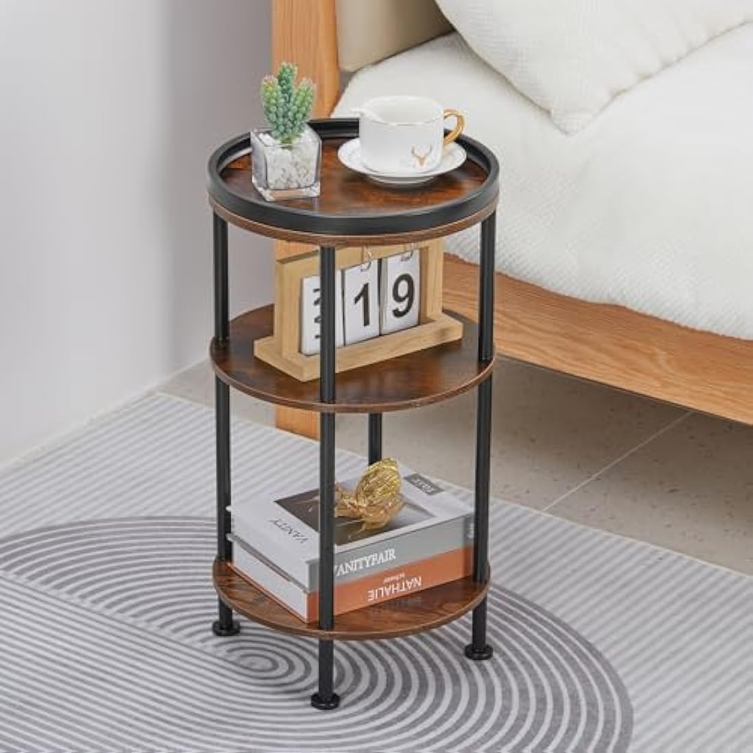 YEAKOO 3-Tier Round Side Table – Rustic Brown Industrial End Table
