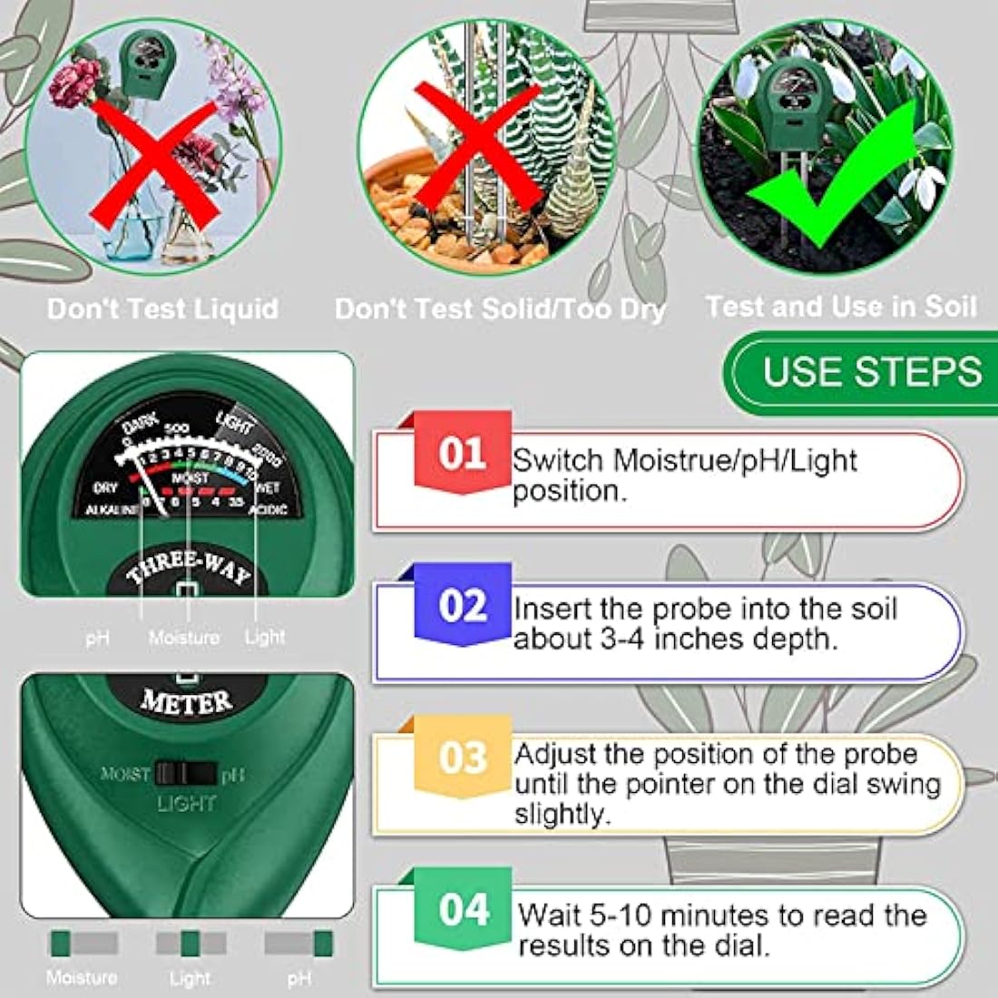 LIUNOVIP 3-in-1 Soil PH Meter | Moisture & Light Plant Tester Kit