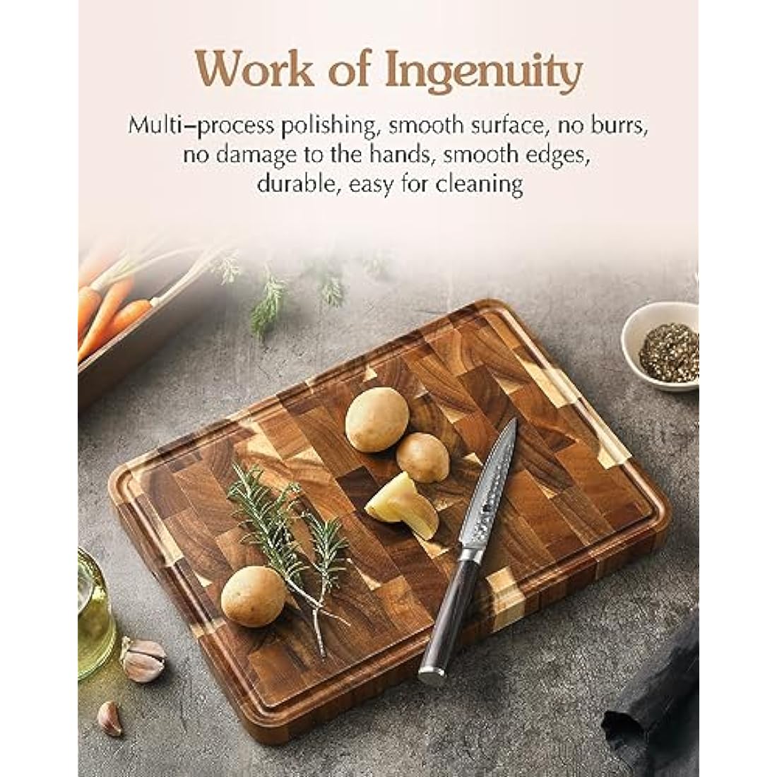 XINZUO Acacia Wood End Grain Cutting Board with Juice Groove | 14x10"