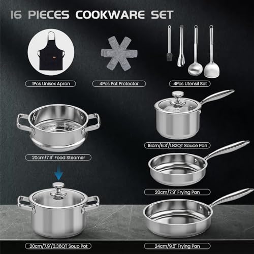 Tieplis 16-Piece Stainless Steel Cookware Set | Induction Pots and Pans