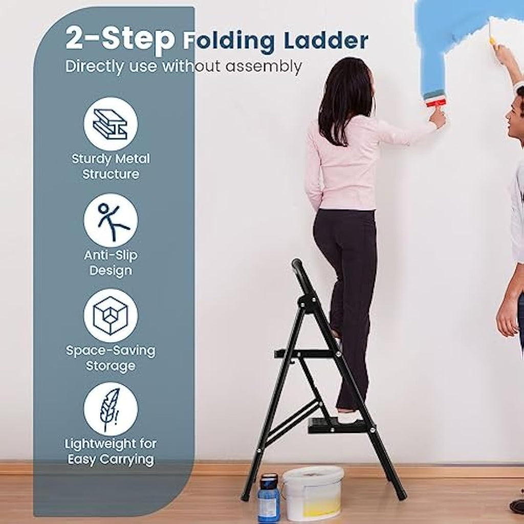 TANGZON 2-Step Folding Ladder | Heavy-Duty Steel Stool with Handrail