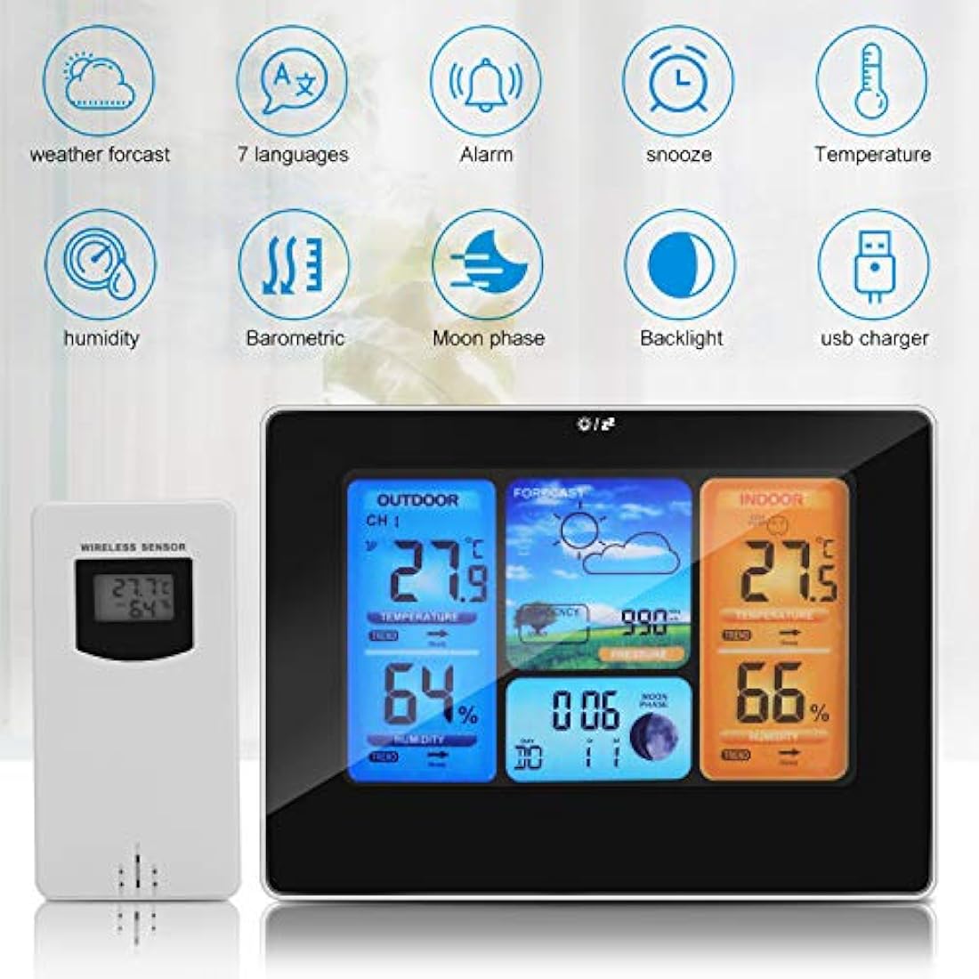 Powcan Wireless Weather Station | Digital Indoor Outdoor Thermometer (Black)