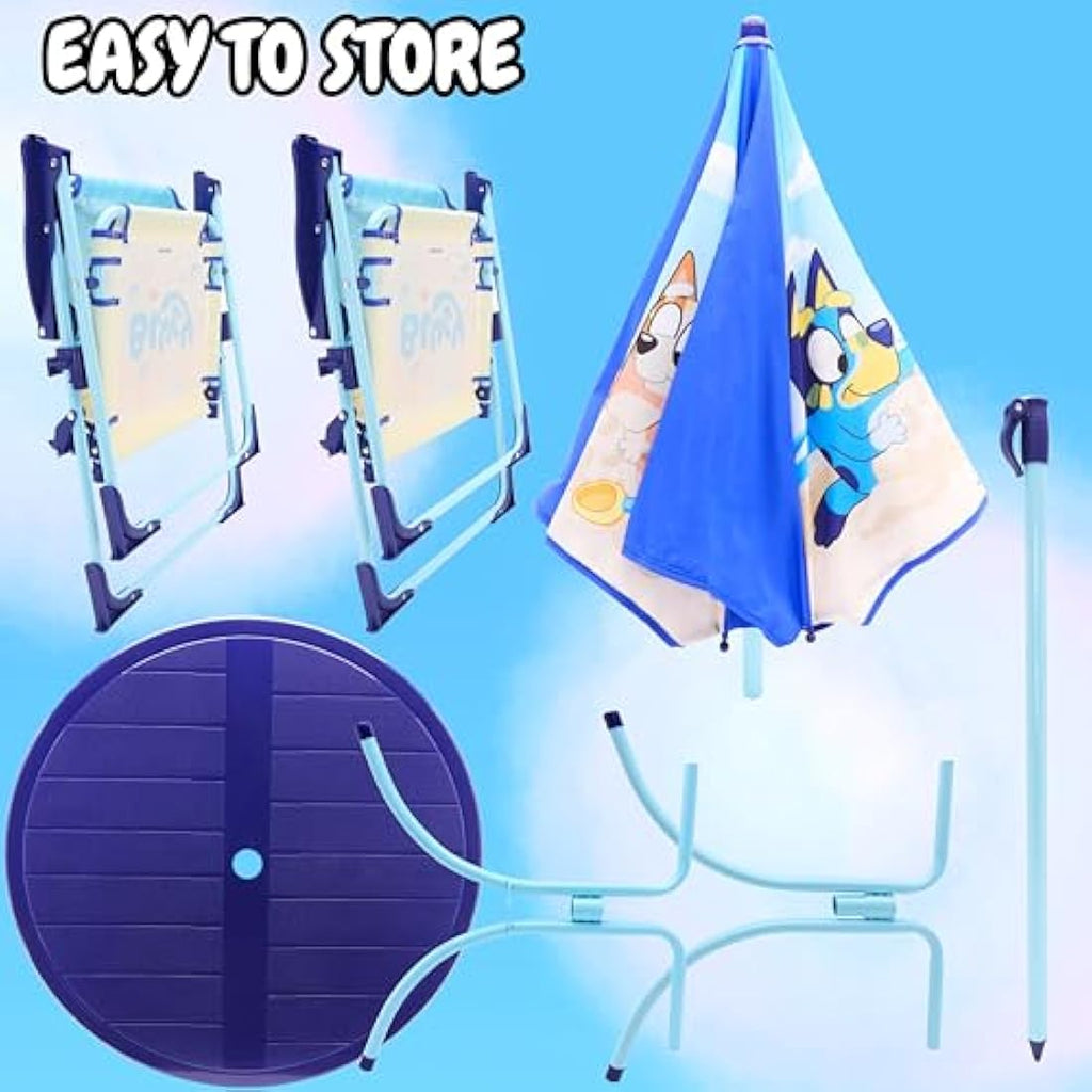 Bluey & Bingo Kids Patio Set | 4-Piece Table, Chairs & Parasol Garden Set