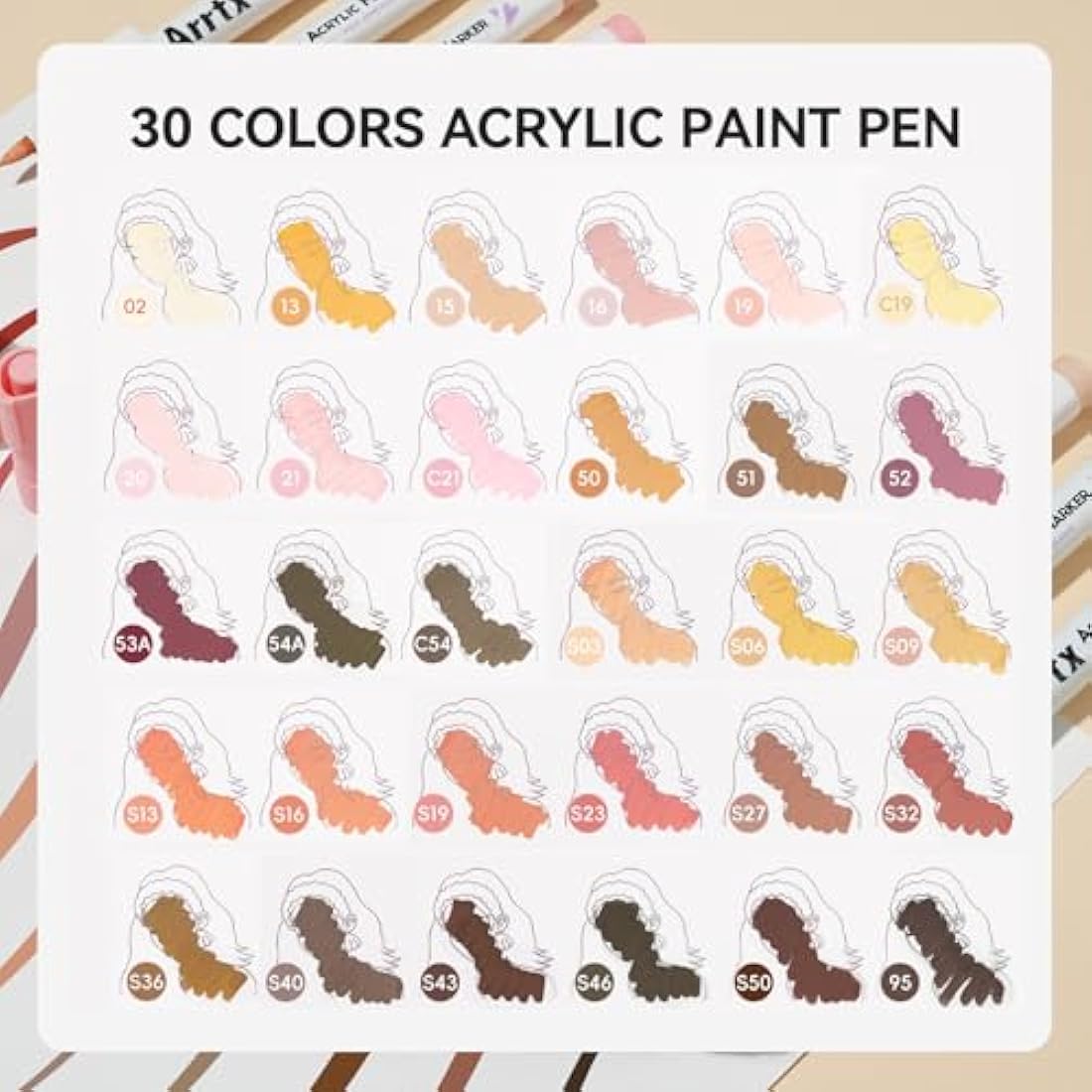 Arrtx 30 Skin Tone Acrylic Paint Pens | Brush Tip Markers for Portraits