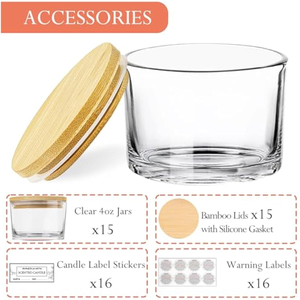 CONNOO 4oz Clear Glass Candle Jars with Bamboo Lids - 15 Pack Bulk