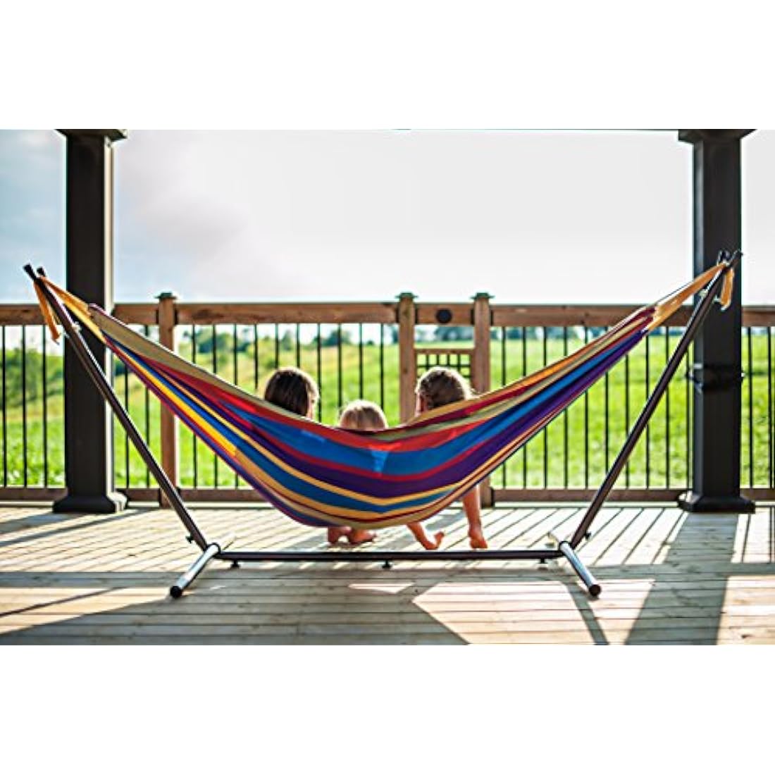 Vivere Double Cotton Hammock with Space-Saving Steel Stand | Tropical