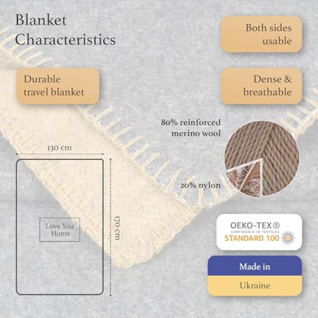 LYHome Merino Wool Travel Blanket – Warm Outdoor Camping Throw, Mustard