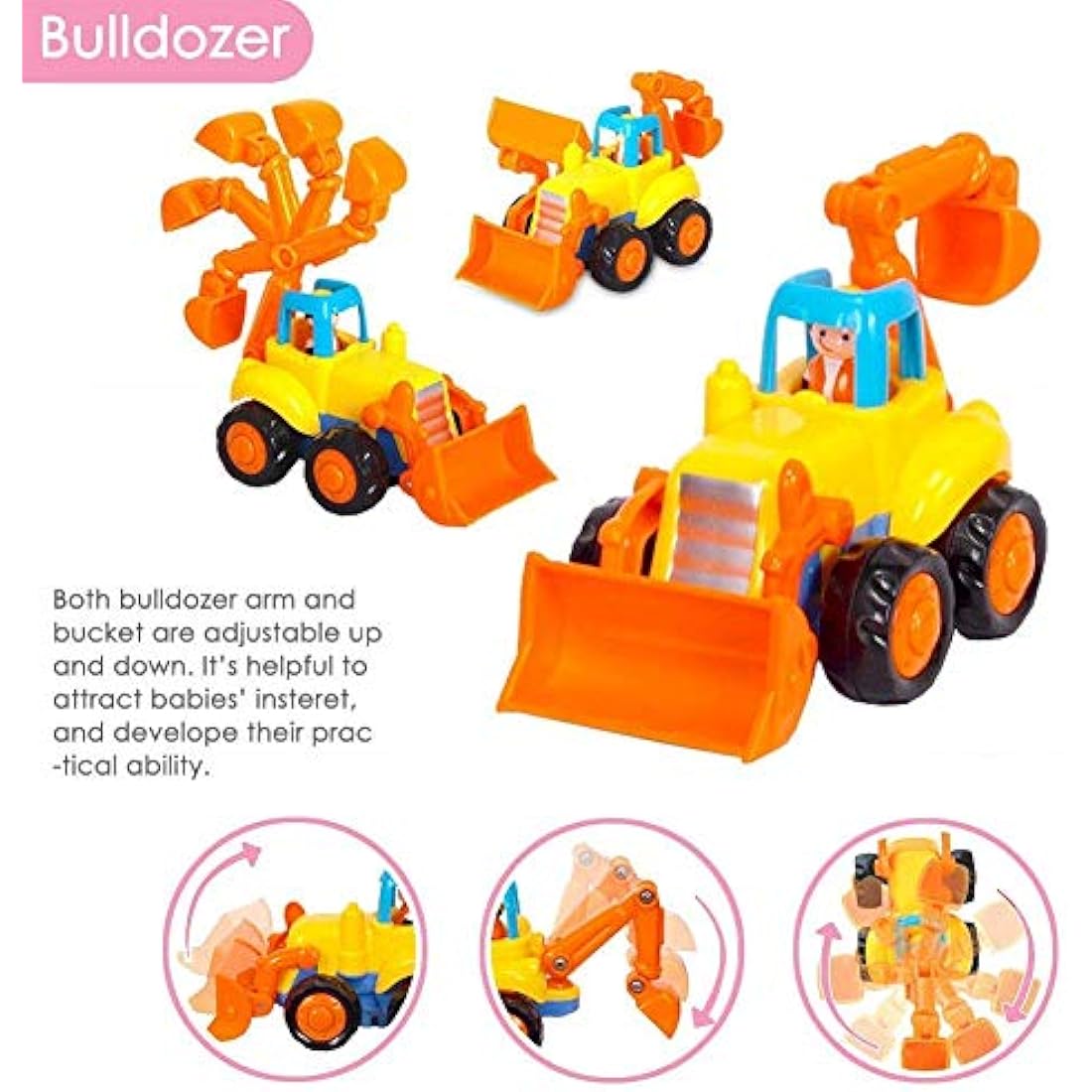 MOONTOY Push and Go Friction Powered Construction Toy Cars - 4 Pack