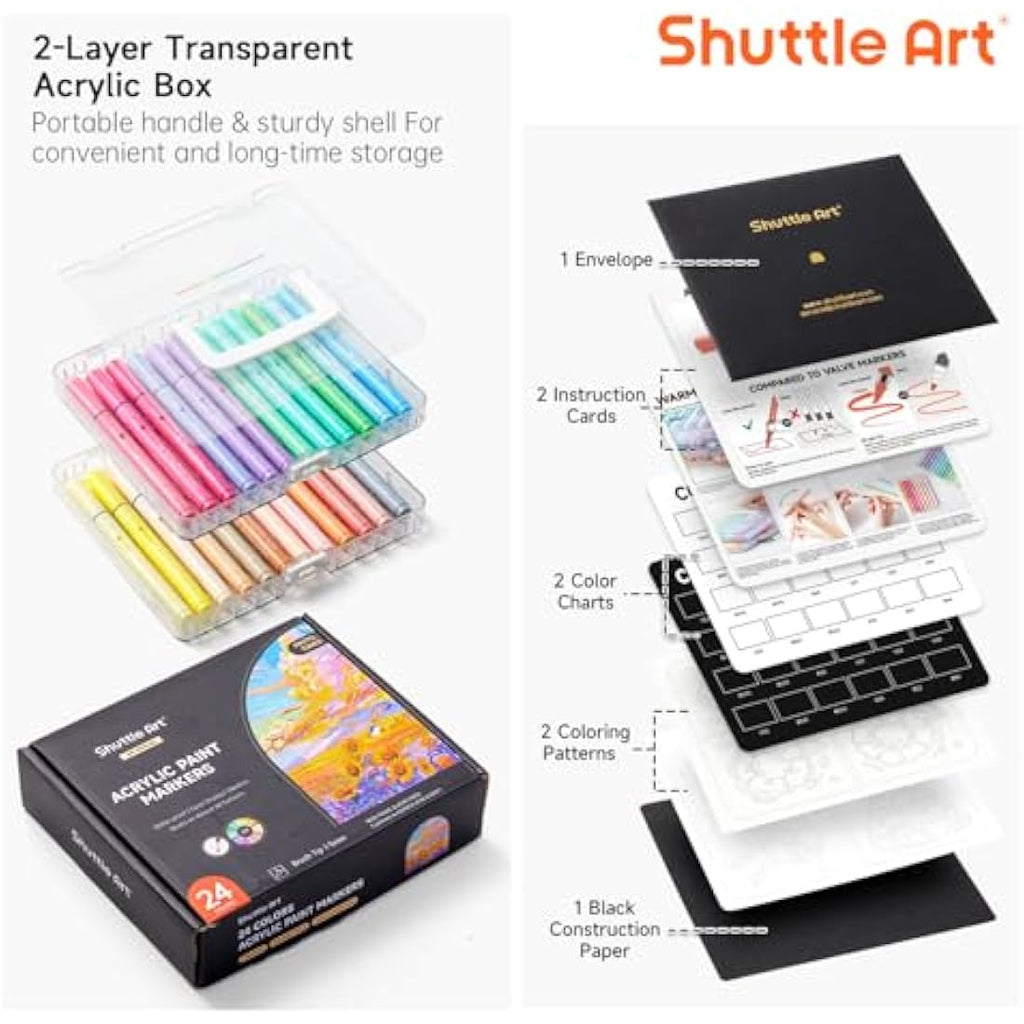 Shuttle Art 24 Pastel Acrylic Paint Pens – Brush Tip Markers for Rock Art