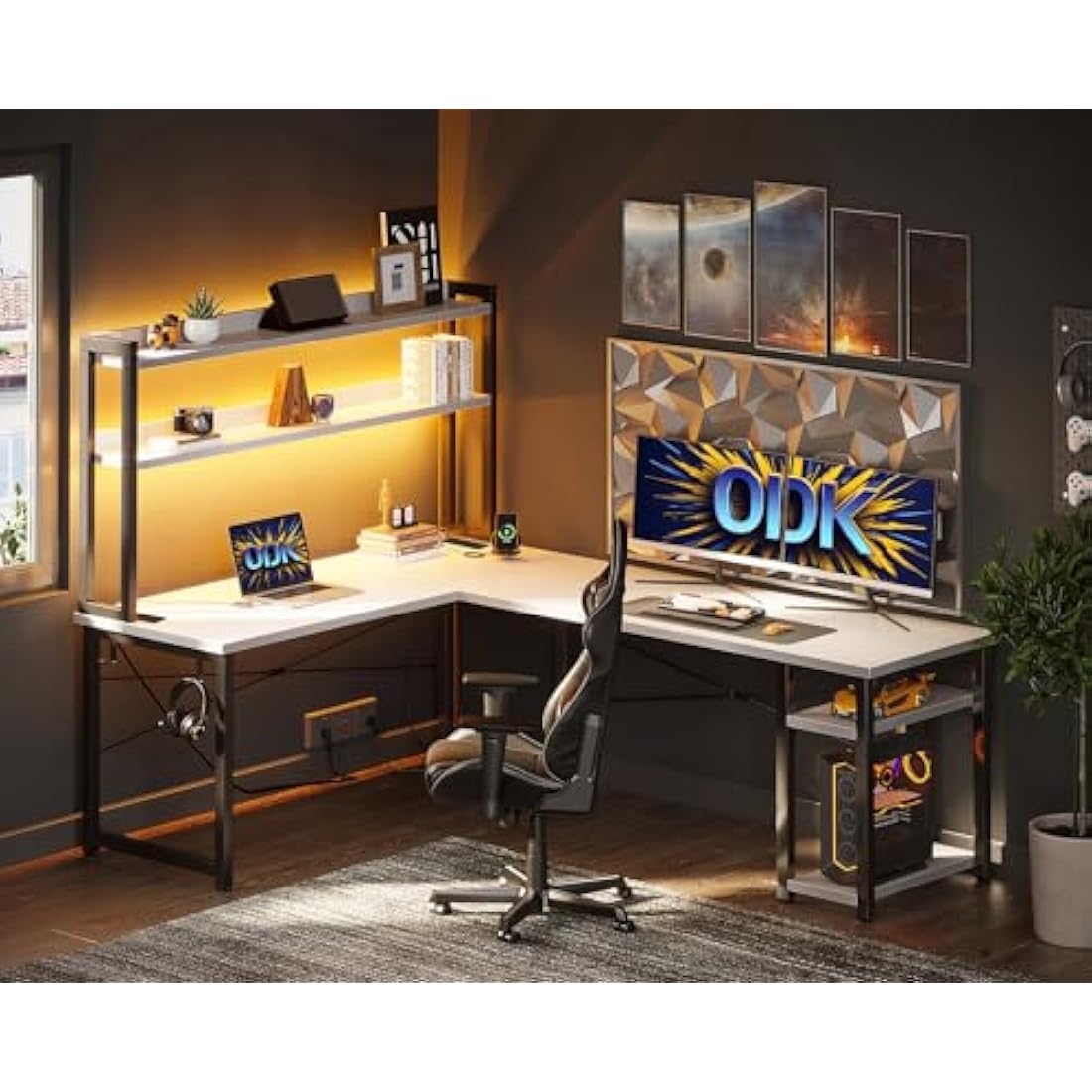 ODK L-Shaped Gaming Desk with LED Lights and Power Outlets - White